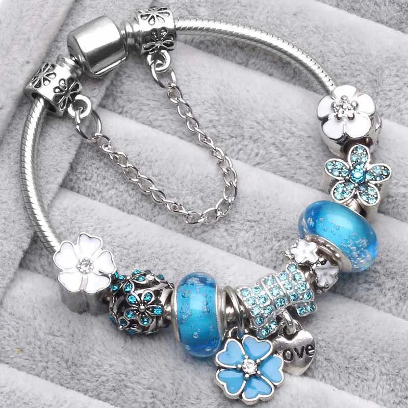 Vintage Silver Color Charms Bracelets for Women DIY Crystal Beads Brand Bracelets Women
