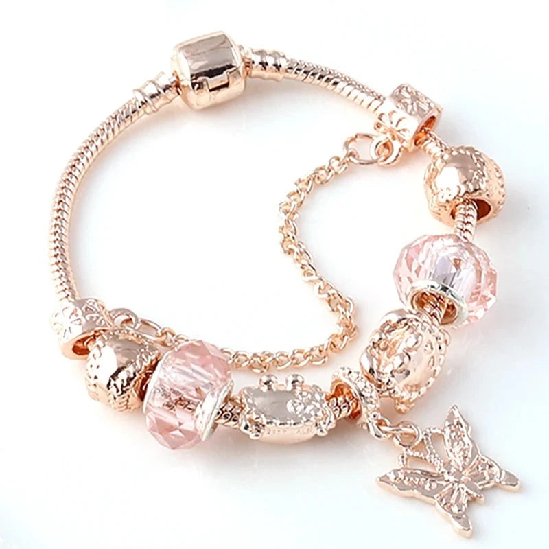 Rose golden butterfly Charm Bracelet With An crown Beads Fits Fine Bracelet Women Party