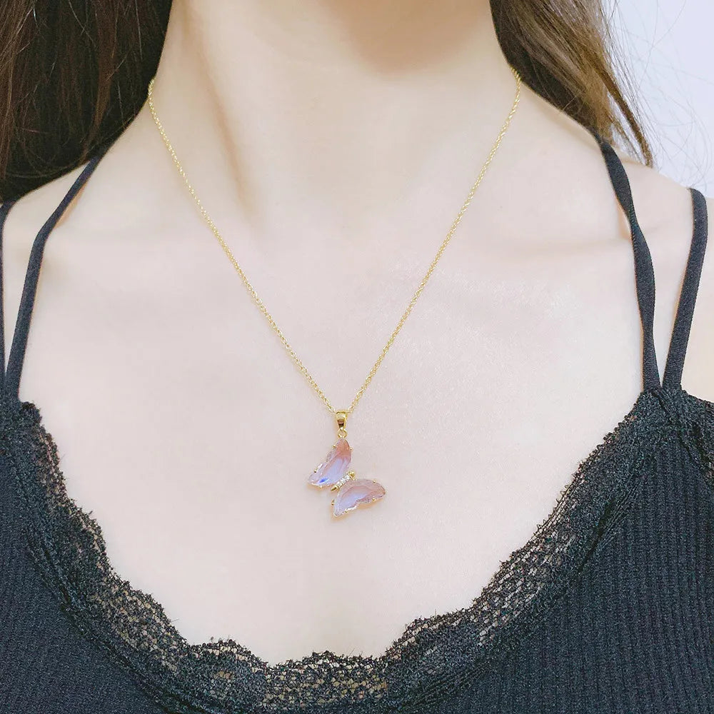 Butterfly Necklace For Women Aesthetic Pink Purple Crystal Pendant Choker Chain