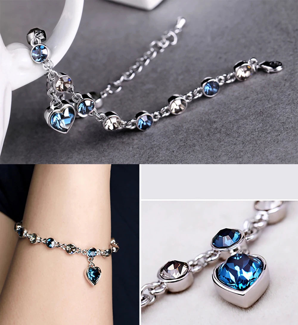 Heart Of Ocean Pendant Bracelets New Shiny Blue Crystal Love Bracelet For Women Valentine's Day Jewelry