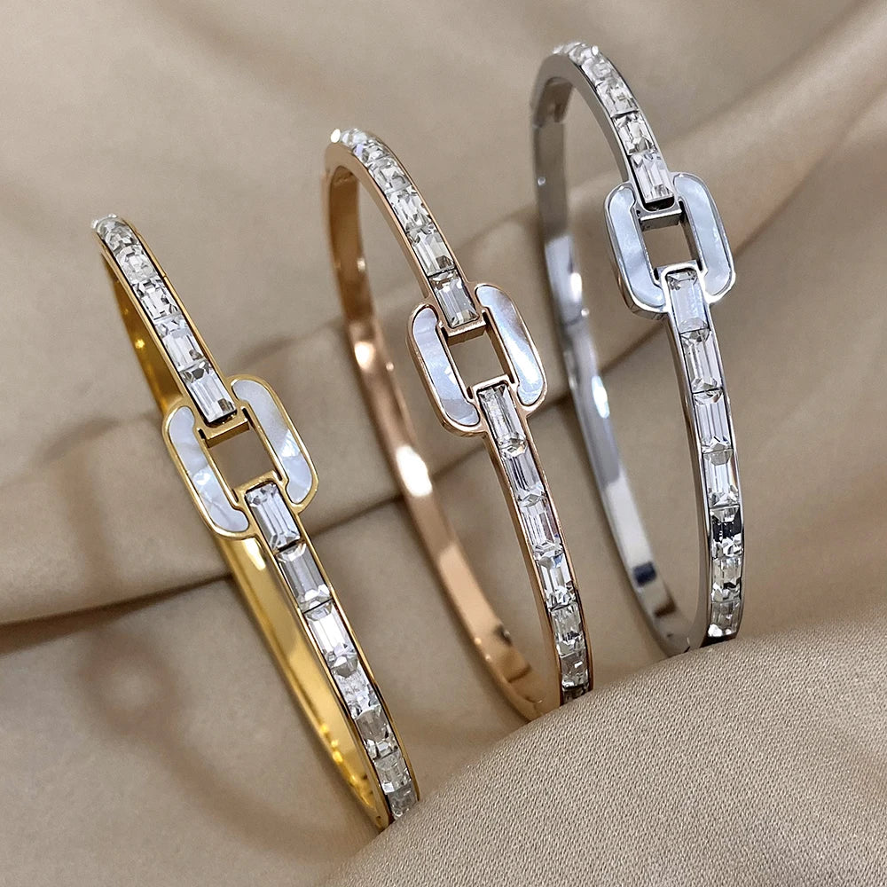 Luxury Zircon Stainless Steel White Shell Square Bracelet for Women Cuff Bangles Waterproof Simple Jewelry Accessories