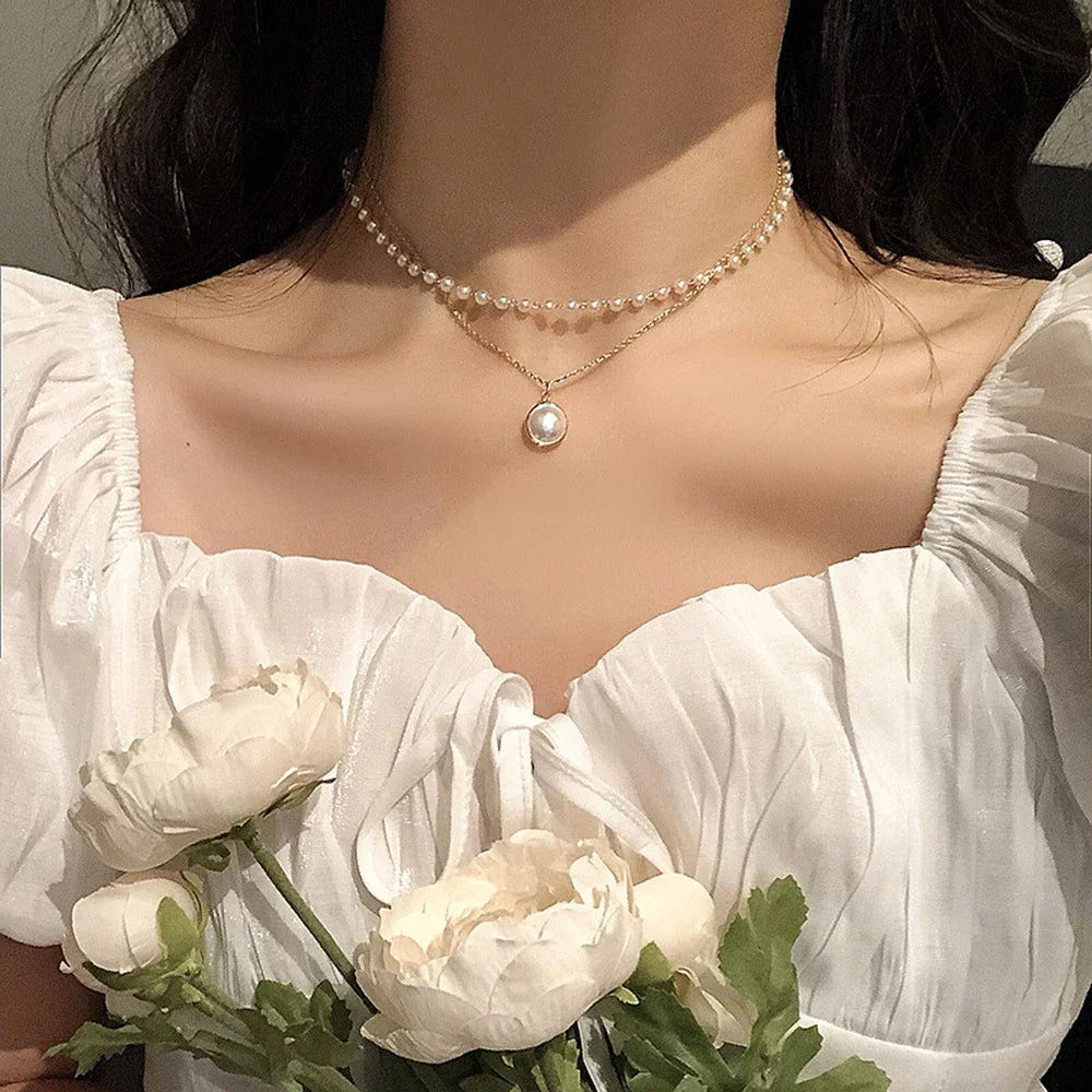 Beads Women's Neck Chain Kpop Pearl lace Gold Color Goth Choker Jewelry On The  Pendant