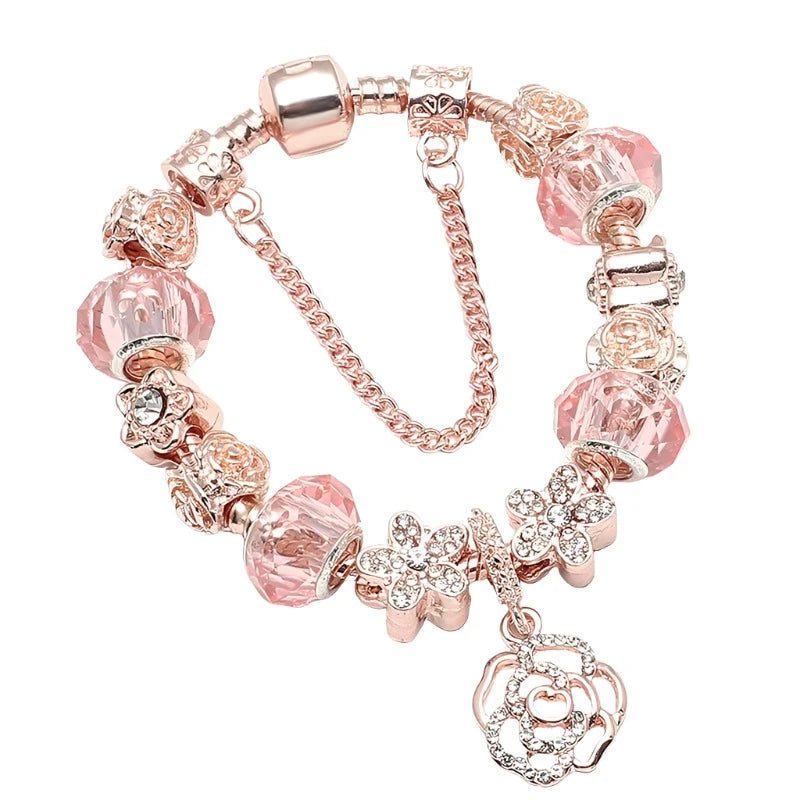 Silver Color Charm Bracelet For Women with Flower Pendant & Rose Gold Crystal Ball Fine Bracelet