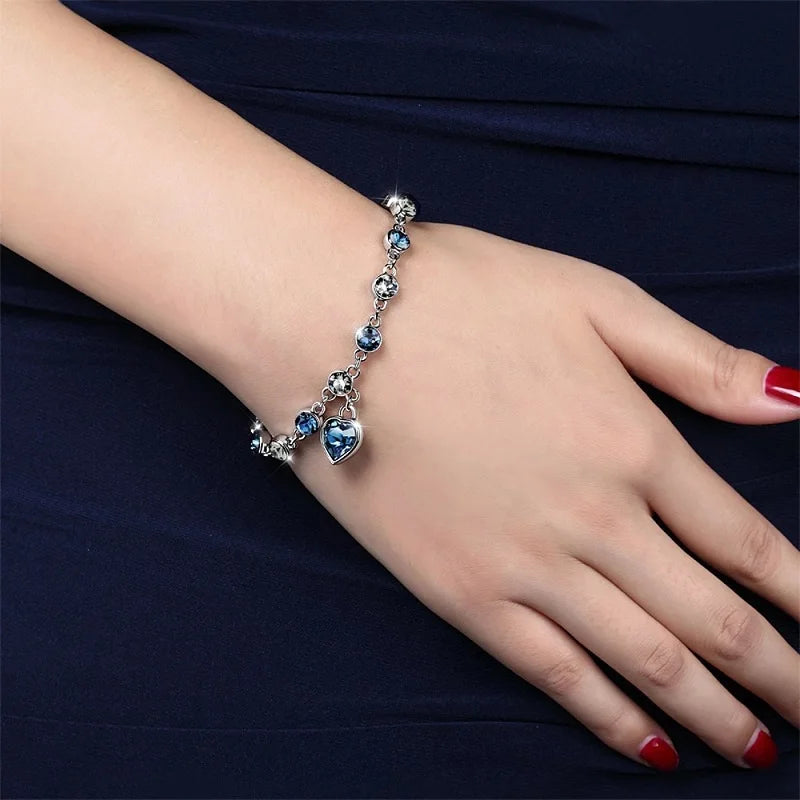 Fashion Heart of Ocean Pendant Bracelets New Shiny Blue Crystal Love  Bracelet for Women Valentine's Day Jewelry
