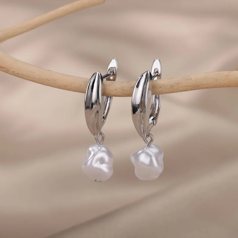 Baroque Pearl Earrings For Women Stainless Steel Zircon Water Droplet Steel Ring Drop Earring Wedding Party Jewelry Bijoux Femme