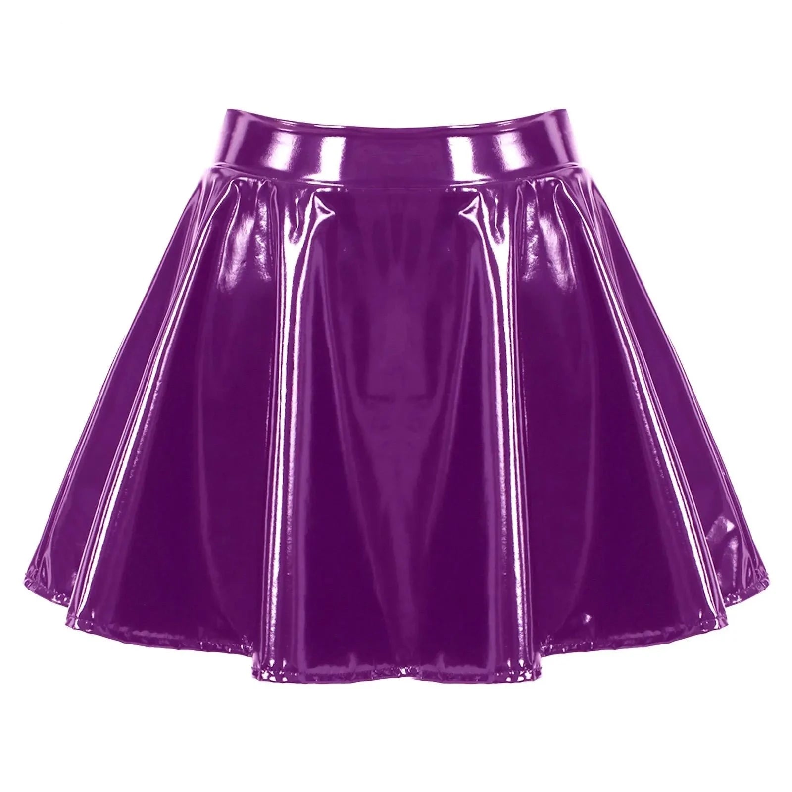 Womens Glossy Patent Leather Flared Latex Miniskirt Invisible Zipper Extreme A-Line Mini Skirts Clubwear Cosplay Stage Costume