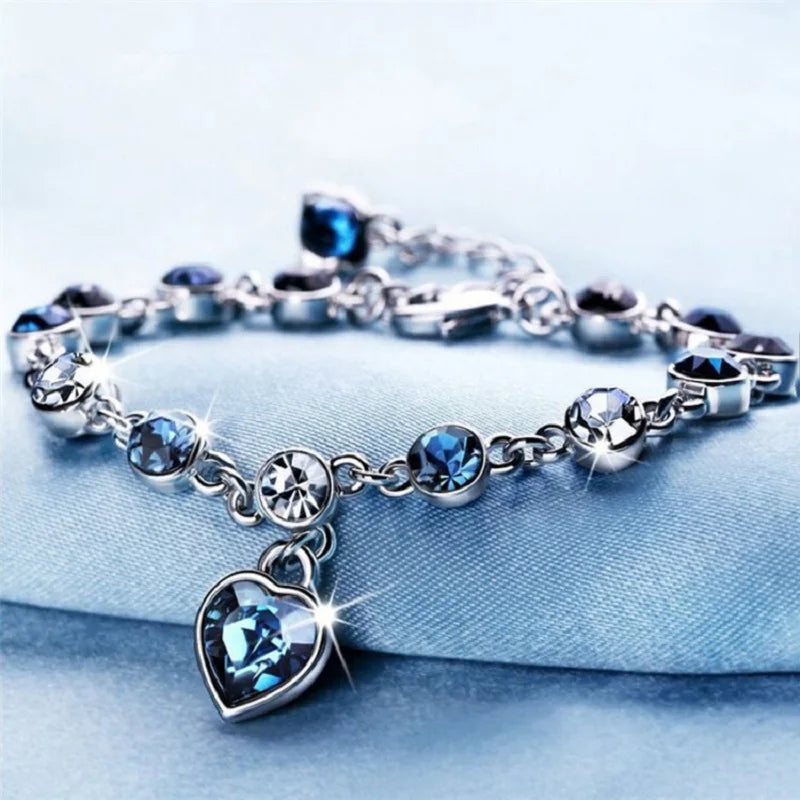 Fashion Heart of Ocean Pendant Bracelets New Shiny Blue Crystal Love  Bracelet for Women Valentine's Day Jewelry