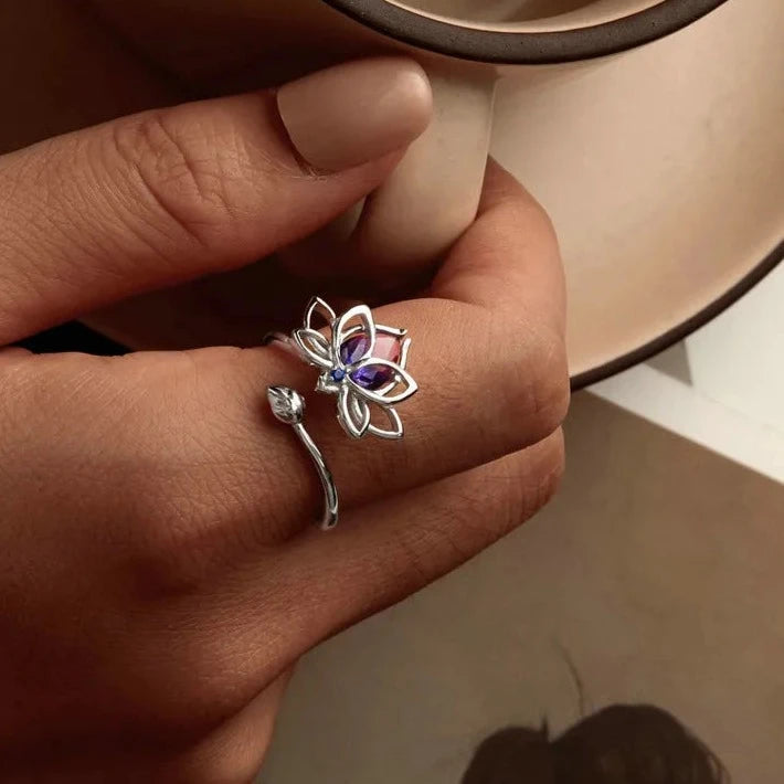 Sterling Silver Bi Color Lotus Flower Ring For Women Drop Purple pink Crystal Opening Rings Wedding Party Jewelry Gift