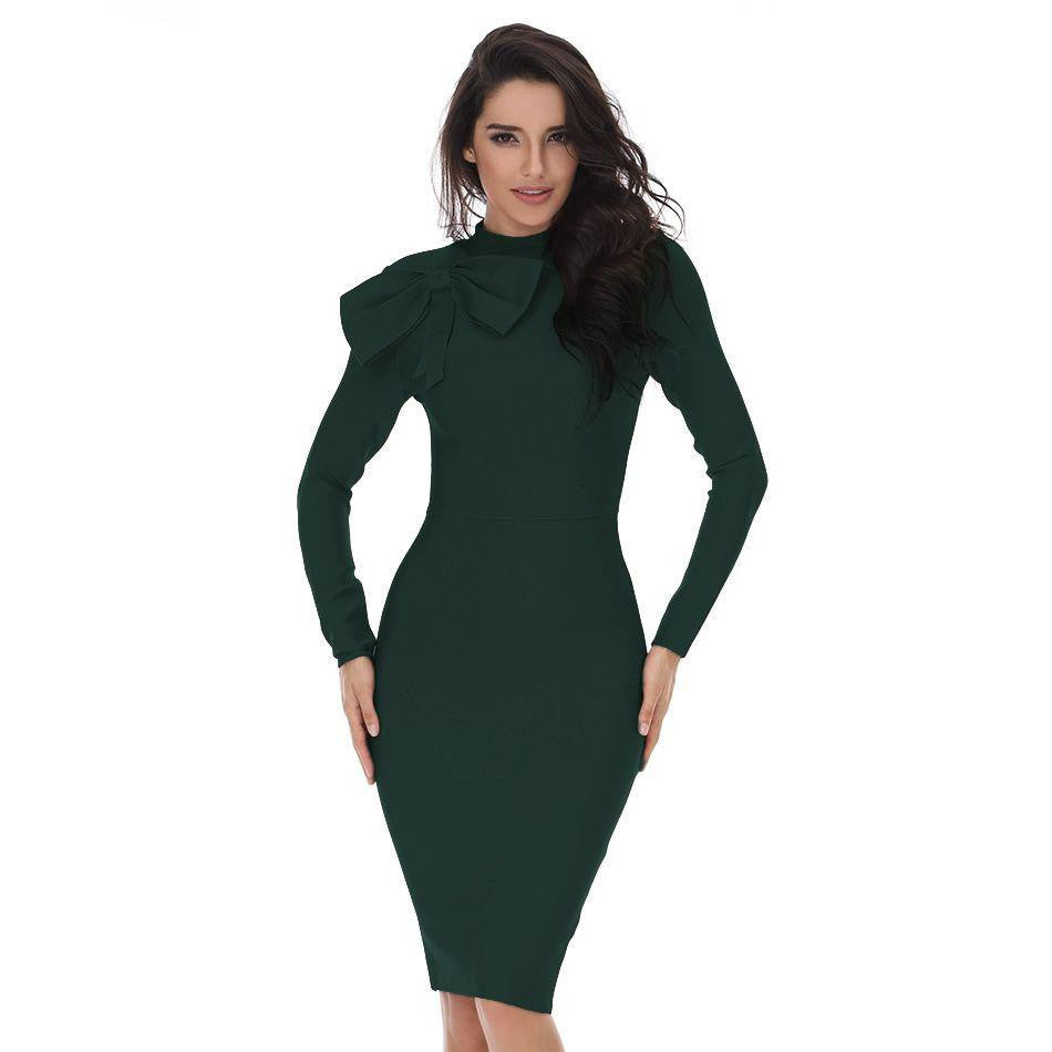 green emerald velvet dress women Winter Bodycon Dress long sleeve high neck red dark green bow kn