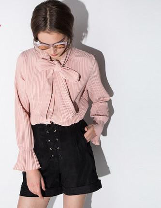 Womens Chiffon Bow Pleated Single-breasted Blouse Shirts Casual Flare Sleeve Overalls Tops Tees for