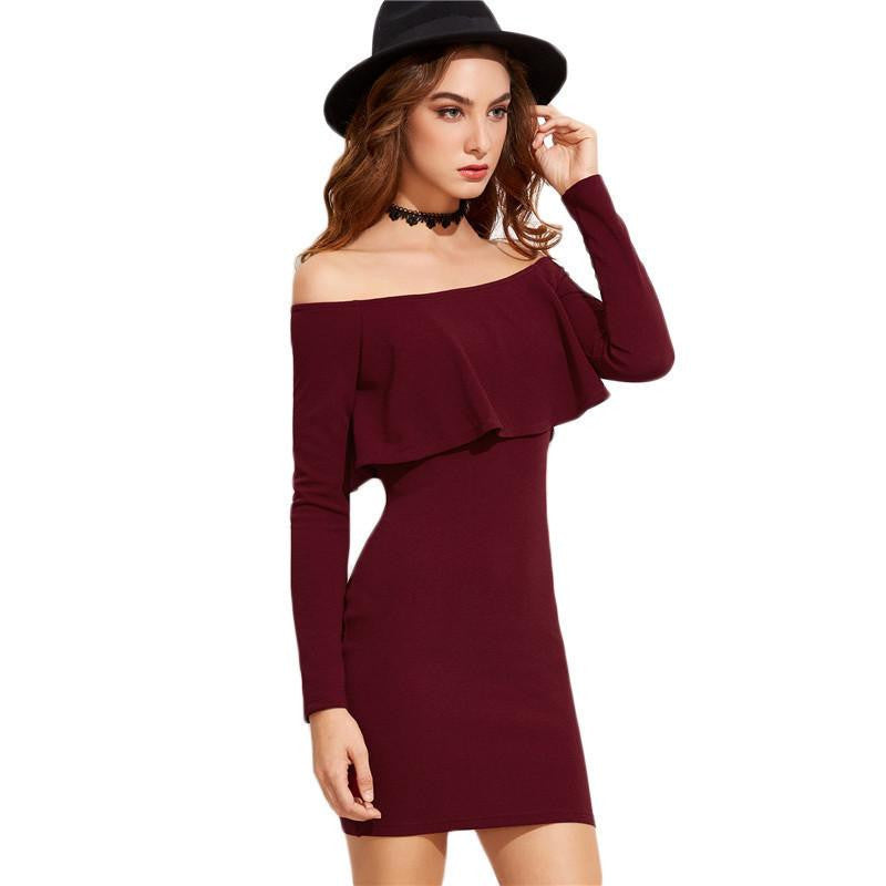 SheIn Autumn Women's Dress Bodycon Burgundy Off The Shoulder Ruffle Mi