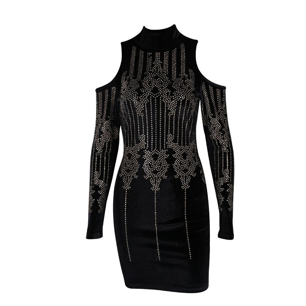 long sleeved geometric rhinestone dress Geometric retro Rhinestone high-necked long-sleeved bodycon tight dres
