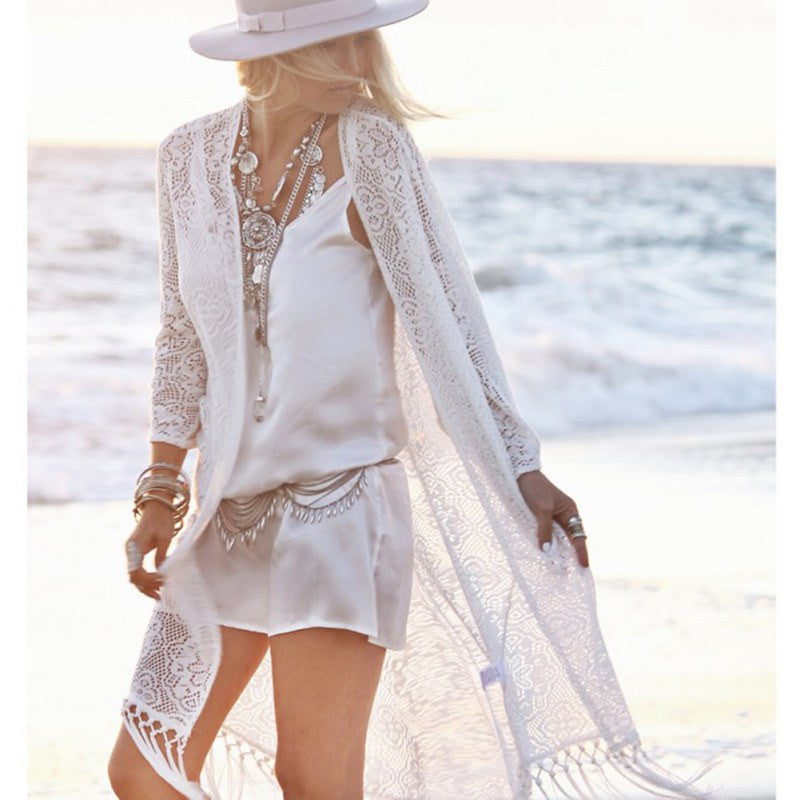 Online discount shop Australia - Boho Women Fringe Lace kimono cardigan White Tassels Beach Cover Up Cape Tops Blouses