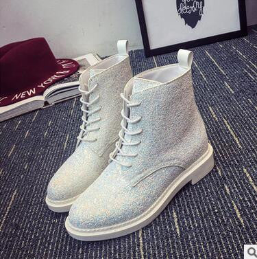 influx of European and American sequined lace PU low cylinder boots Martin boots Korean female fashion round