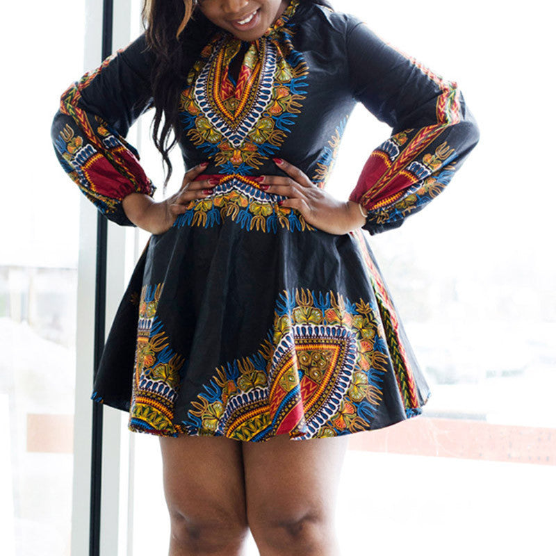 African Print Black Dress Womens Casual Long Sleeve Autumn Winter Dash