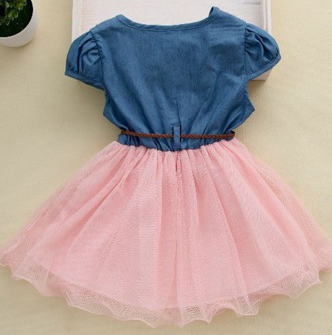 Online discount shop Australia - Fashion Girls baby Lace Belt tutu cowboy dress children Patchwork mesh dresses for girl