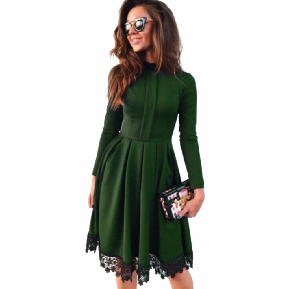 Autumn Winter Dress Fashion Women Long Sleeve Slim knee length Lace pa Autumn Winter Dress Fashion Women Long Sleeve Slim knee length Lace pa
