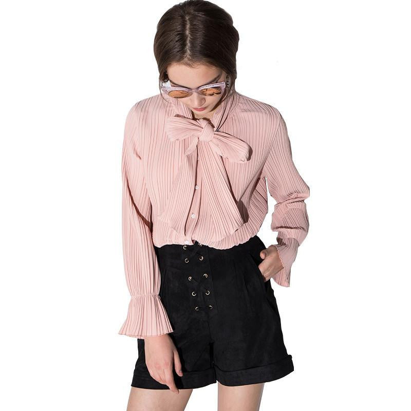 Womens Chiffon Bow Pleated Single-breasted Blouse Shirts Casual Flare Sleeve Overalls Tops Tees for