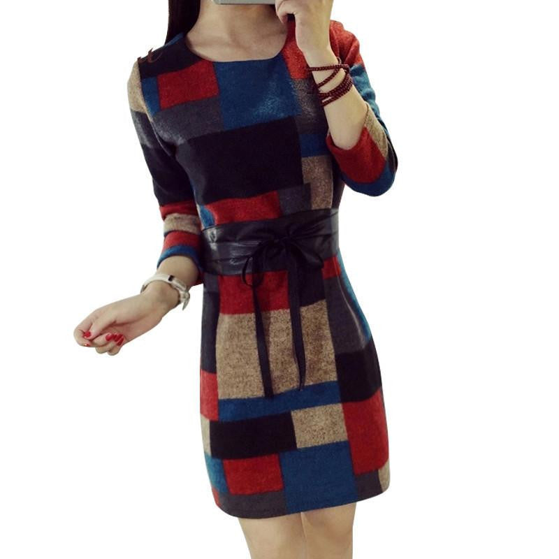 Winter Vintage Ladies Patchwork Women Office Casual Autumn Dresses Plu