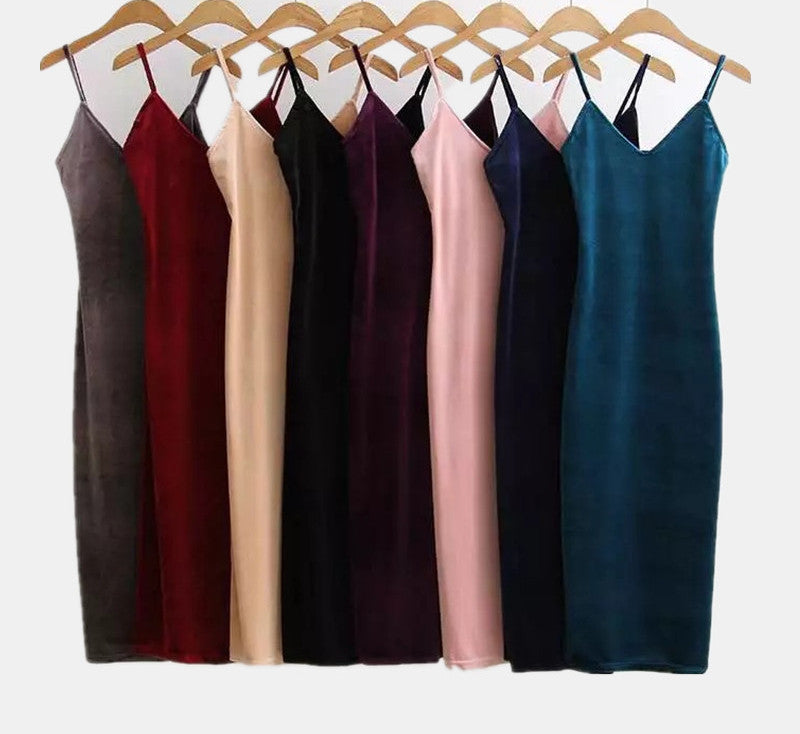 2017 Women Spring Brief Style Velvet Slip Dress Side Vent Full Dress S