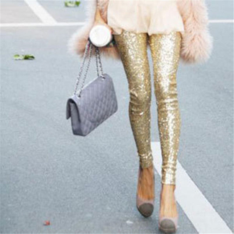 Women Sequins Leggings Skinny Stretchy Slim Paillette Pencil Pants