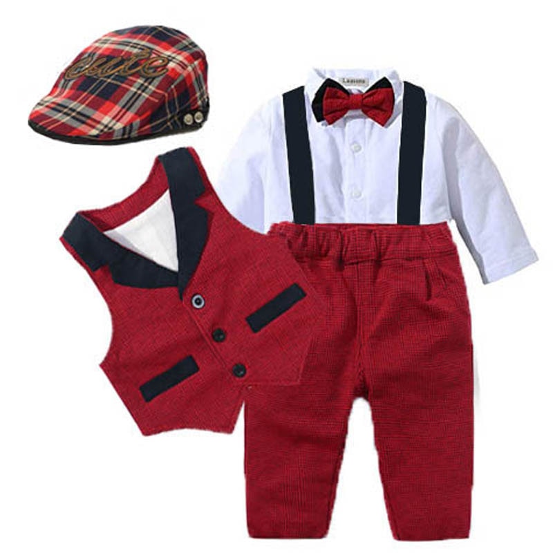 Baby Suits Newborn Boy Clothes Romper + Vest + Hat Formal Clothing Outfit Party Bow Tie Children Birthday Dress New Born 0- 24 M