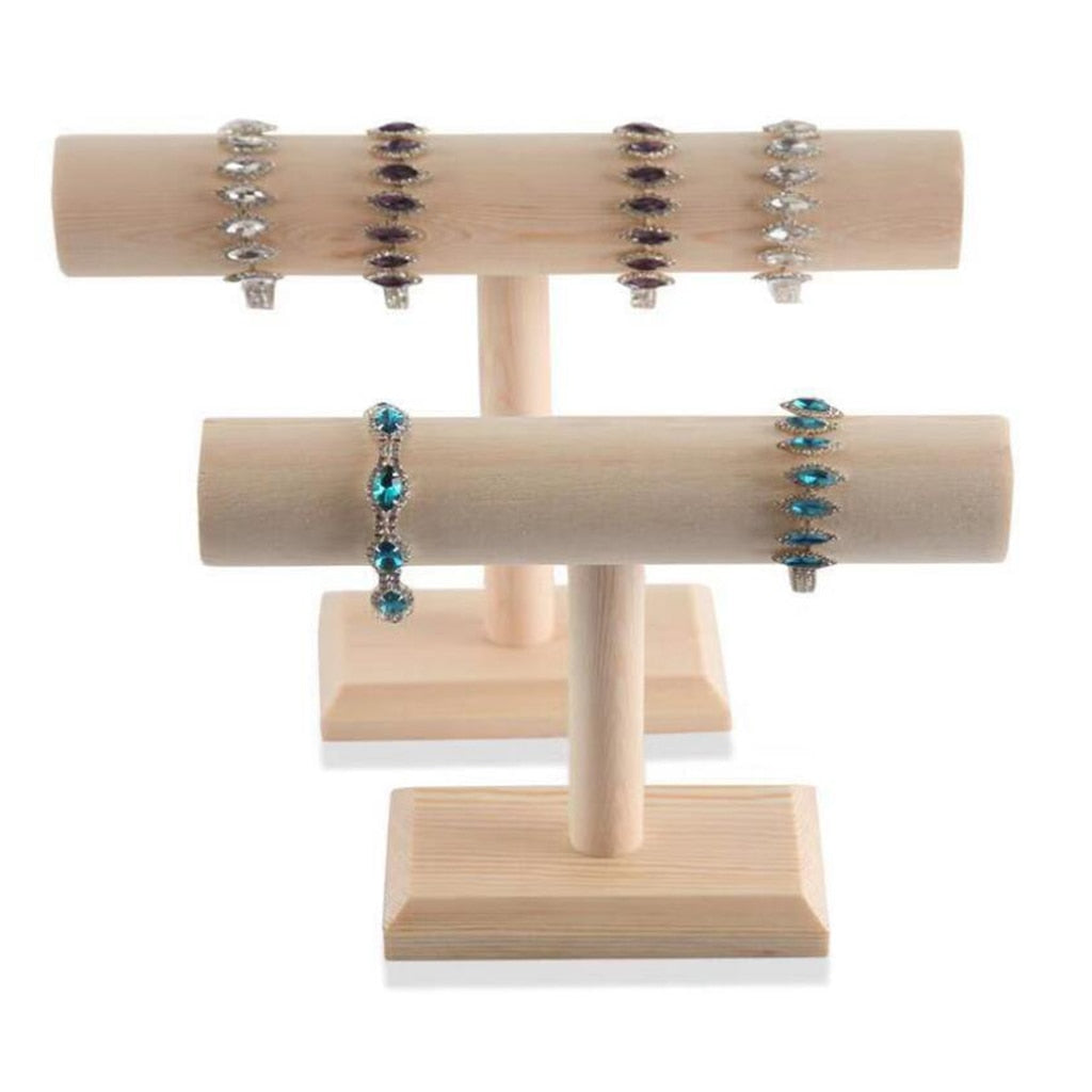 Portable Hard Wooden Bracelet Chain T-Bar Rack Jewelry Display Stand for Bangle Watch Necklace Home Organization Holder Showcase