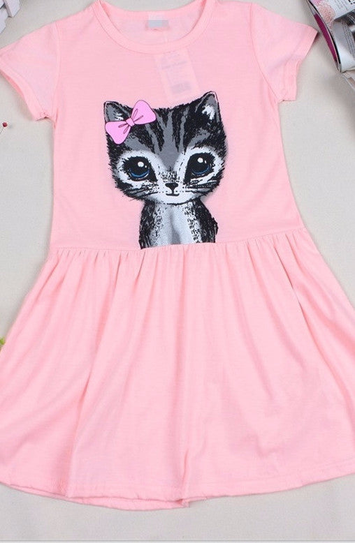 Online discount shop Australia - Girl Dress Cat Print Grey Baby Girl Dress Children Clothing Children Dress 2-7years