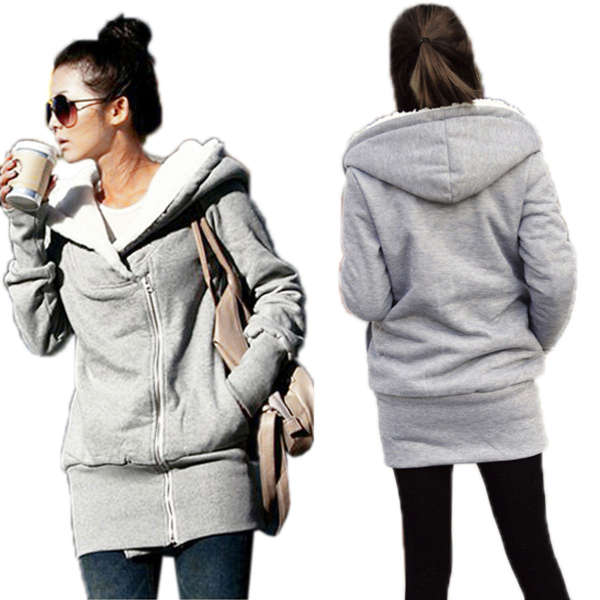 Womens Hoodies Warm Fleece Cotton Coat Zip Up Outerwear Hooded Sweatshirts Casual Long Jacket