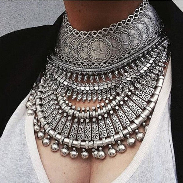 Online discount shop Australia - Collar Coin Necklace & Pendant Vintage Crystal Maxi Choker Statement Silver Collier female Big Fashion Women Jewellery