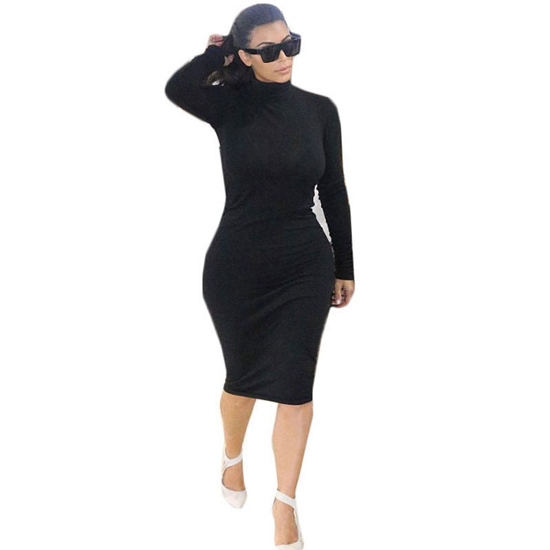 Kim Kardashian Dress Autumn Black Turtleneck Solid Party Dress Long Sl