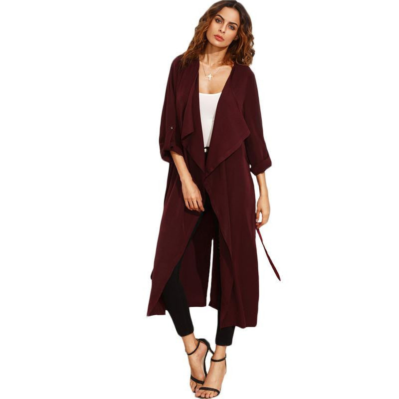 Womens Casual Outerwear Coats Ladies Burgundy Shawl Collar Rolled Up Long Sleeve Split Long Outerwear