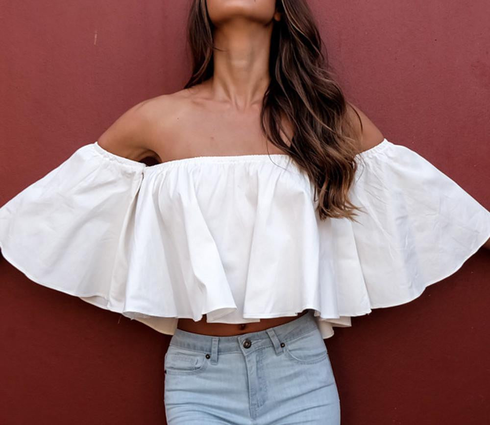 Off shoulder white ruffle crop top Clearance