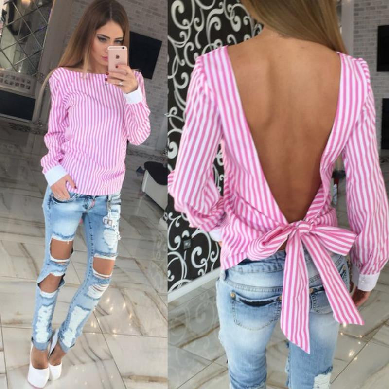 Womens Chiffon Blouse Fashion Striped Printing Loose Long Sleeve Tops Backless Girl Bow Casual Lady Clothes