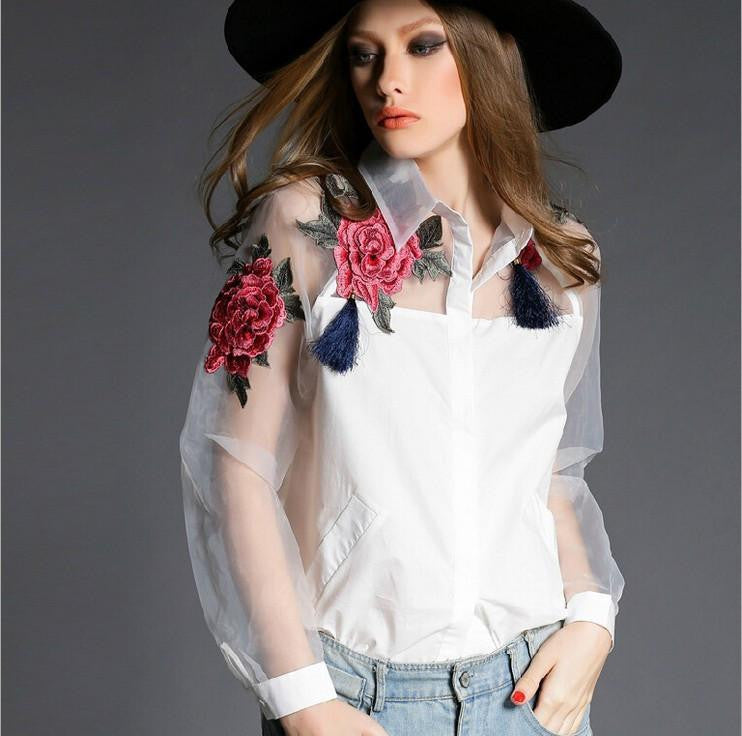 Online discount shop Australia - Womens Cute Embroidered Tops Fashion High Street White Sheer Long Sleeve Blouse 606B