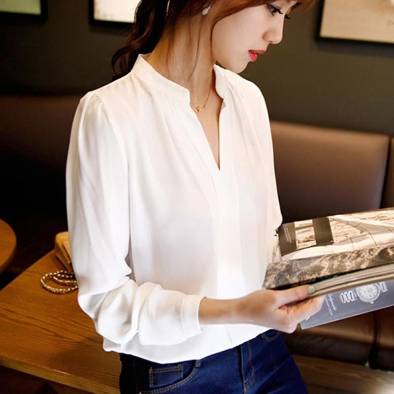 womens chiffon blouse ladies White elegant sexy v-neck blouses long sleeve shirt female office shirt plus size