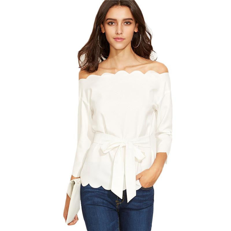 Womens Elegant Blouses and Tops For Ladies White Belted Scallop Trim Long Sleeve Off The Shoulder Blouse