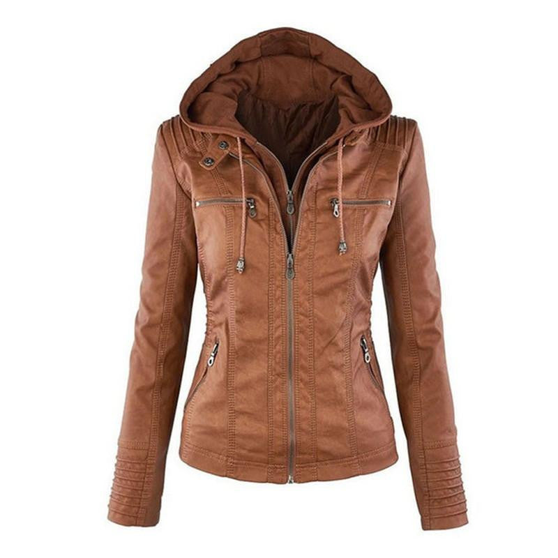 Womens Faux Twinset Detachable Hat Faux Leather Slim Jacket Hoodie Hooded Zip-up Pockets Outerwear Coats Q4326