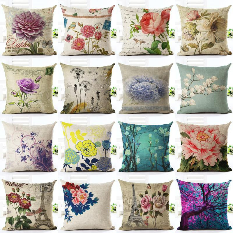 Vintage Flowers Cotton Linen Cushion Cover Decorative Pillowcase Chair Seat and Waist Square 45x45cm Pillow Cover Home Living