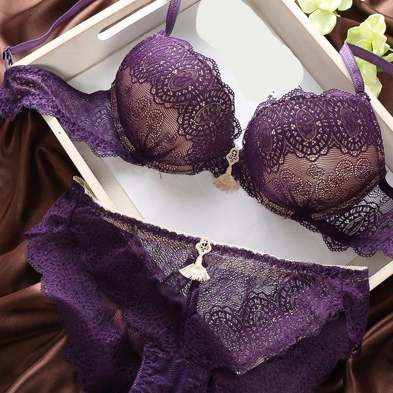 Lingerie For Women Women's Purple Lingerie Lace Embroidery Flower Bra Set  Underwear Women 