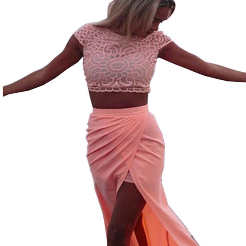 Womens Elegant Lace Crochet Front Splits 2 Piece Set Club Dress Ladies Short Sleeve Pink Bodycon Beach Dresses NTDR11