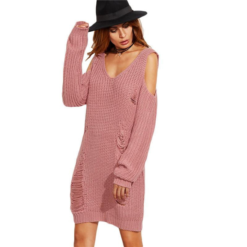 Womens Casual Shift Dresses Autumn Ladies Pink V Neck Cold Shoulder Long Sleeve Cut Out Ripped Sweater Dress