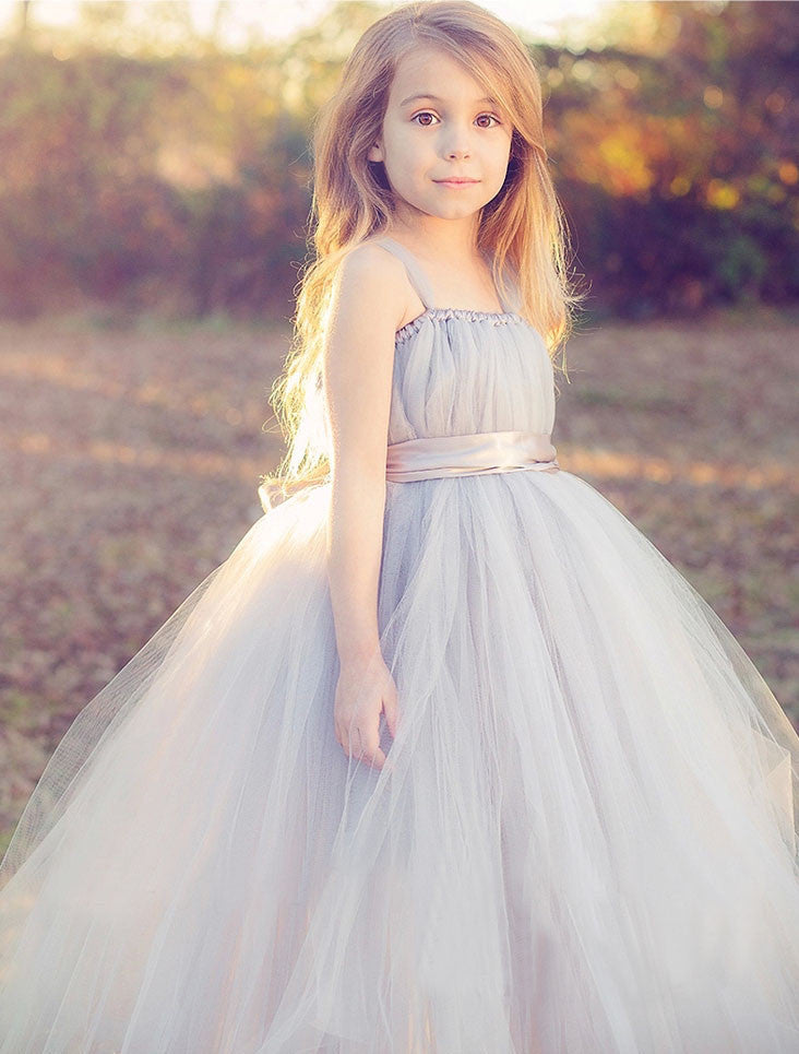 tutu tulle gray baby bridesmaid flower girl wedding dress fluffy ball