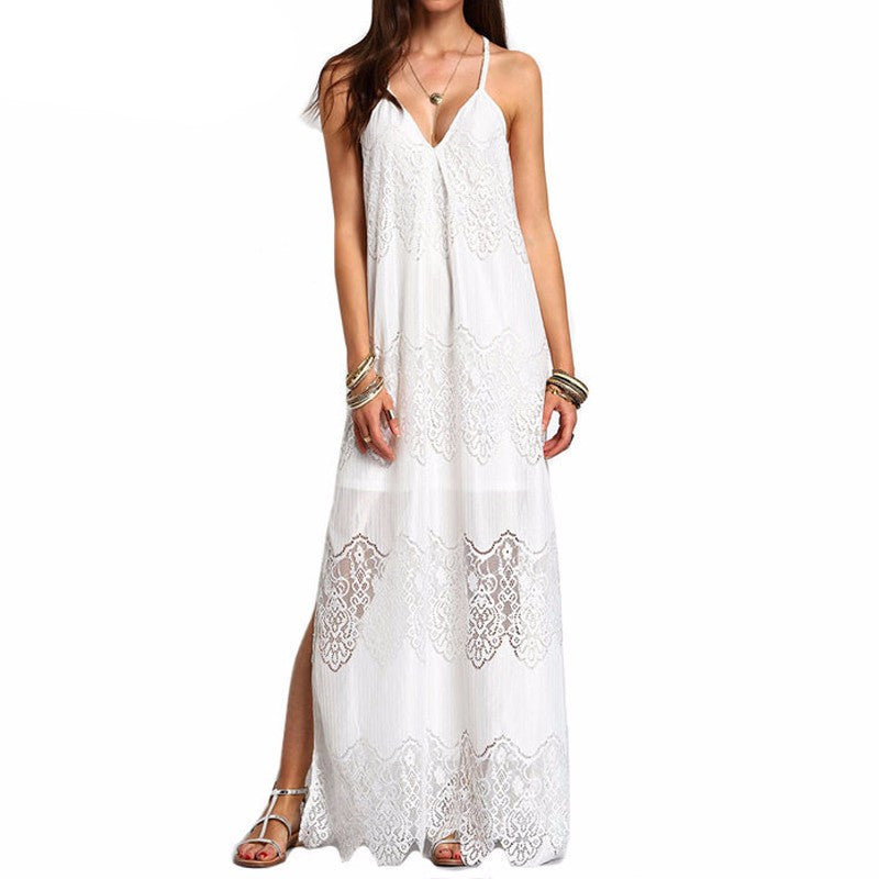 Long Maxi Dresses Women Boho Vestidos Summer Beach Wear Cream Deep V N