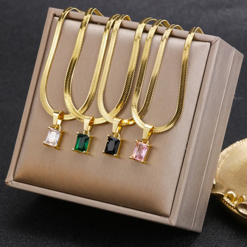 Vintage Rust Steel Zircon Necklace Flat Snake Bone Chain Blade Chain Square Emerald Pendant Necklace Women-Dollar Bargains Online Shopping Australia