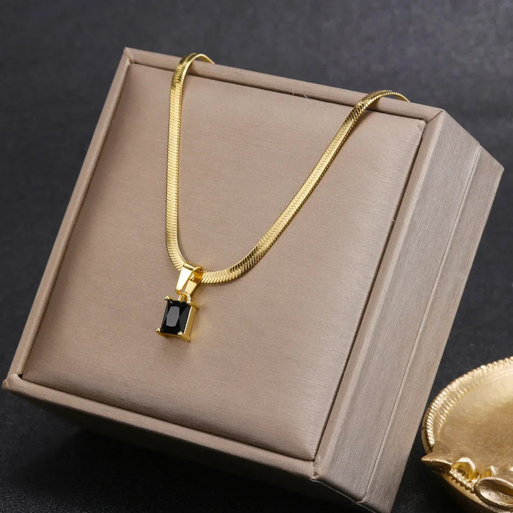 Vintage Rust Steel Zircon Necklace Flat Snake Bone Chain Blade Chain Square Emerald Pendant Necklace Women-Dollar Bargains Online Shopping Australia