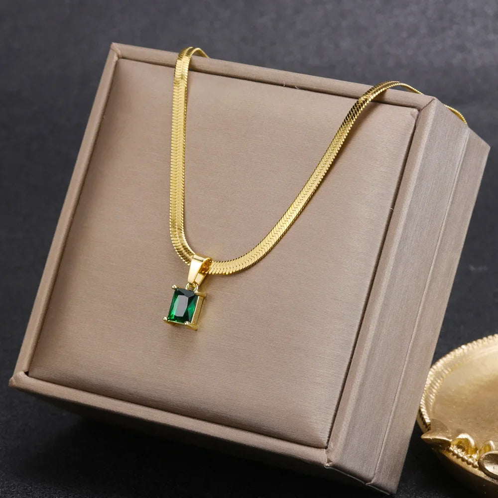 Vintage Rust Steel Zircon Necklace Flat Snake Bone Chain Blade Chain Square Emerald Pendant Necklace Women-Dollar Bargains Online Shopping Australia