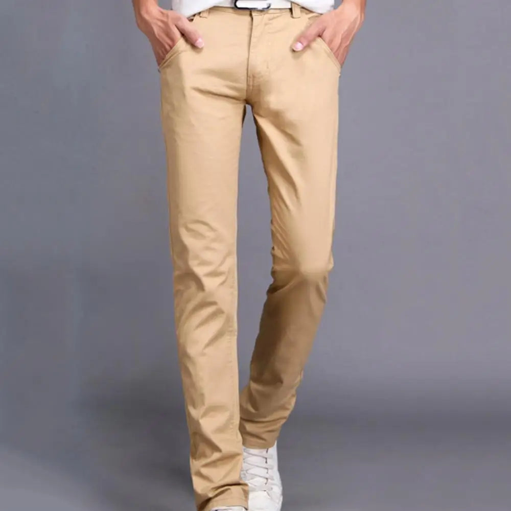 Casual Men Pants Autumn New Solid Color Button Cotton Straight Long Pants Pockets Business Trousers Fashion Male Plus Size Pants