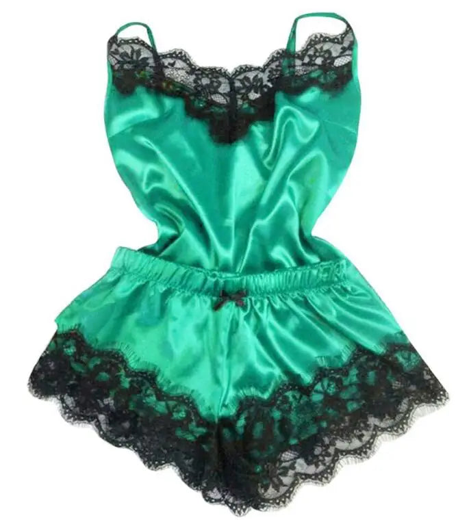 Women Bow Sleepwear Sleeveless Strap Nightwear Lace Trim Satin Cami Top Pajama Sets lingerie pyjamas women-Dollar Bargains Online Shopping Australia