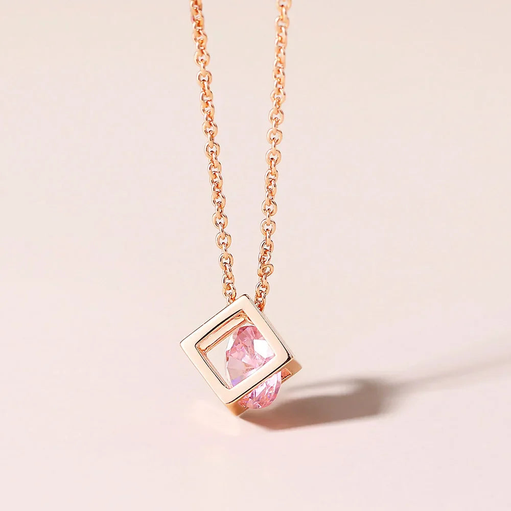 Charms Necklace For Women Aesthetic Cube Pink Zircon Rose Gold Color Choker Chain On Neck Jewelry Korean Pendants-Dollar Bargains Online Shopping Australia